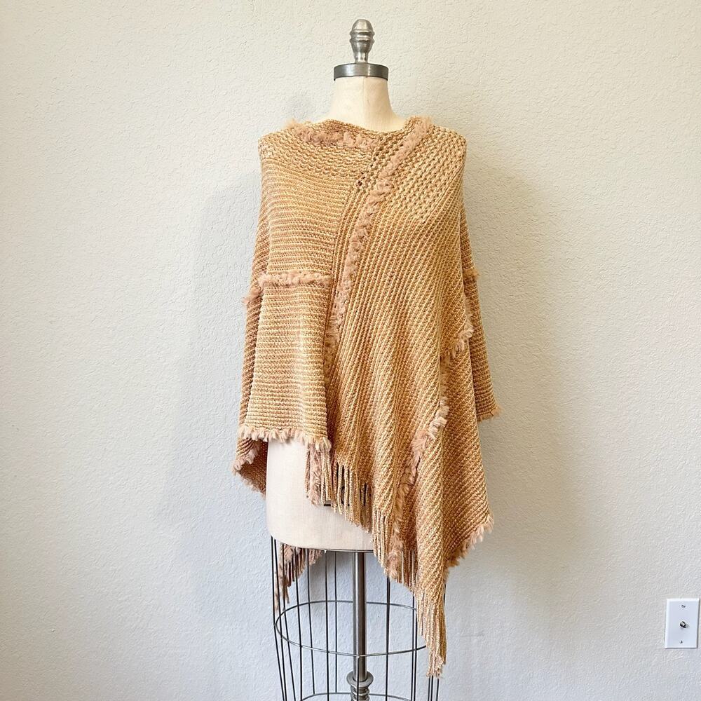 NATURAL LIFE Chenille Yarn Poncho Sweater Tan Knit Fringed NWT